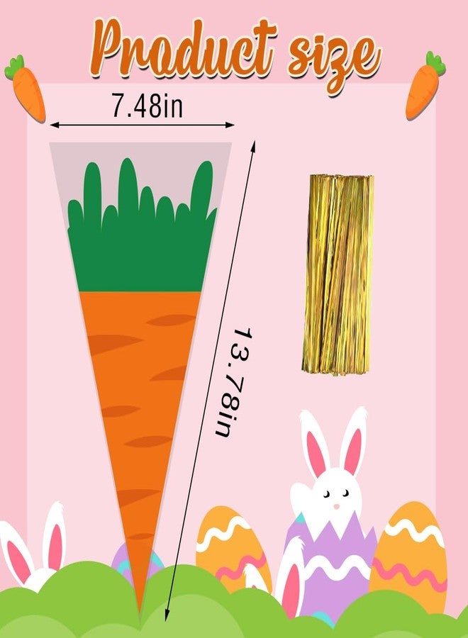 Threetols Easter Carrot Cone Cellophane Bags - Creative Shape Treat Candy Triangle Cello Orange With Twist Ties for Party Favor (100pcs) - Image 2
